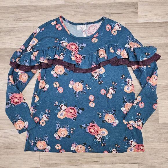 Matilda Jane 435 Girls Teal Floral Ruffle Longsleeve Shirt Size 14 - Picture 1 of 6